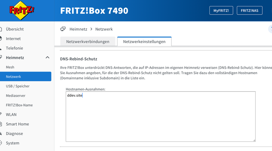 Fritz!Box router network settings showing DNS rebinding protection options
