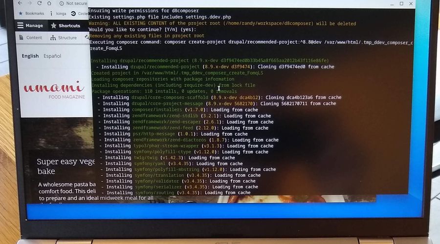 Photograph of Randy’s Chromebook where DDEV’s busy running a triumphant Composer install.