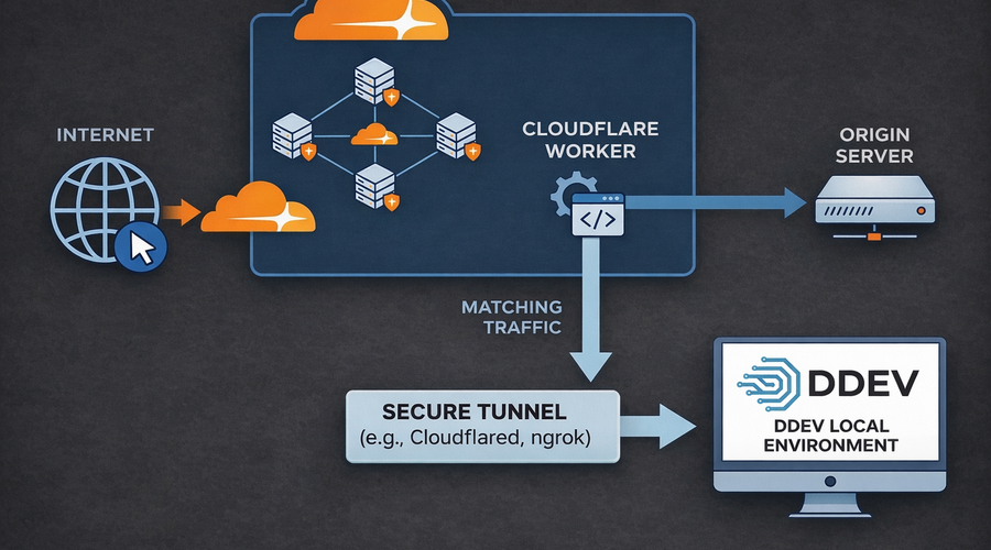A graphic connecting traffic handled by a Cloudflare Worker sending some traffic to your tunnel.