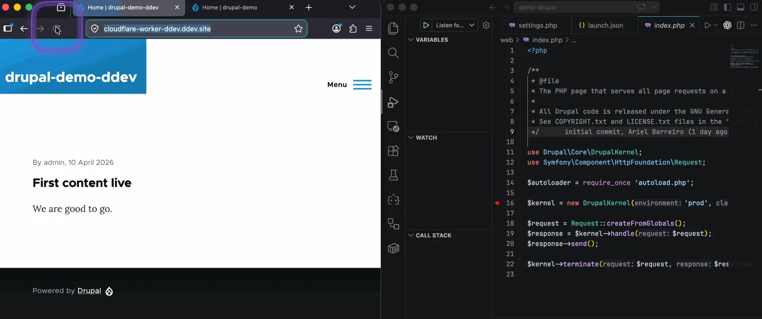 Visiting the production URL with ?cf_local_debug=1 routes your browser to local DDEV, ?cf_local_debug=0 restores production